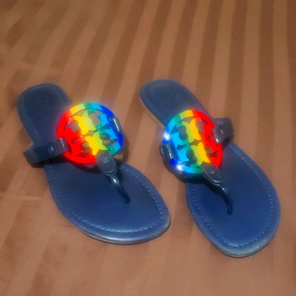 Tory Burch Blue Sandals with Rainbow Logo